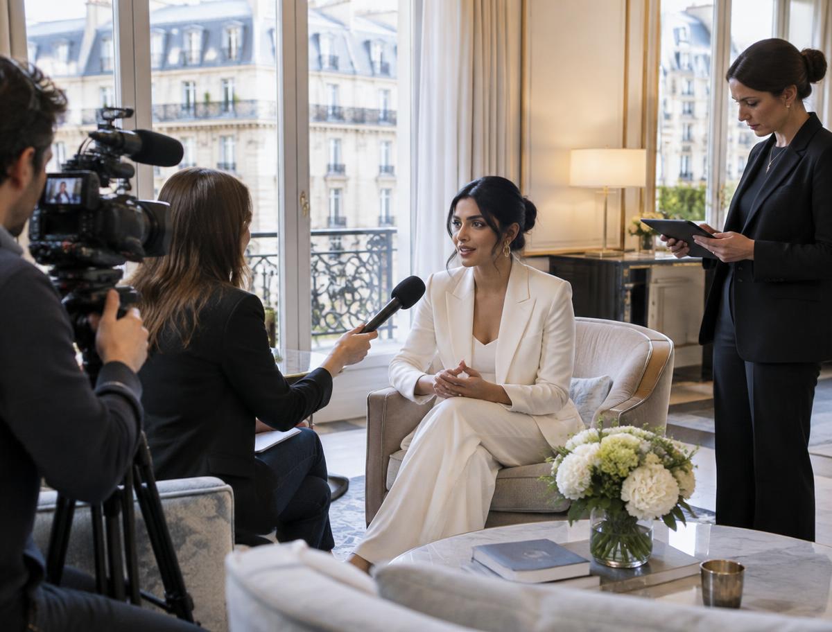 A press interview in a bright Paris salon: a journalist and camera operator interview a woman while a publicist coordinates nearby