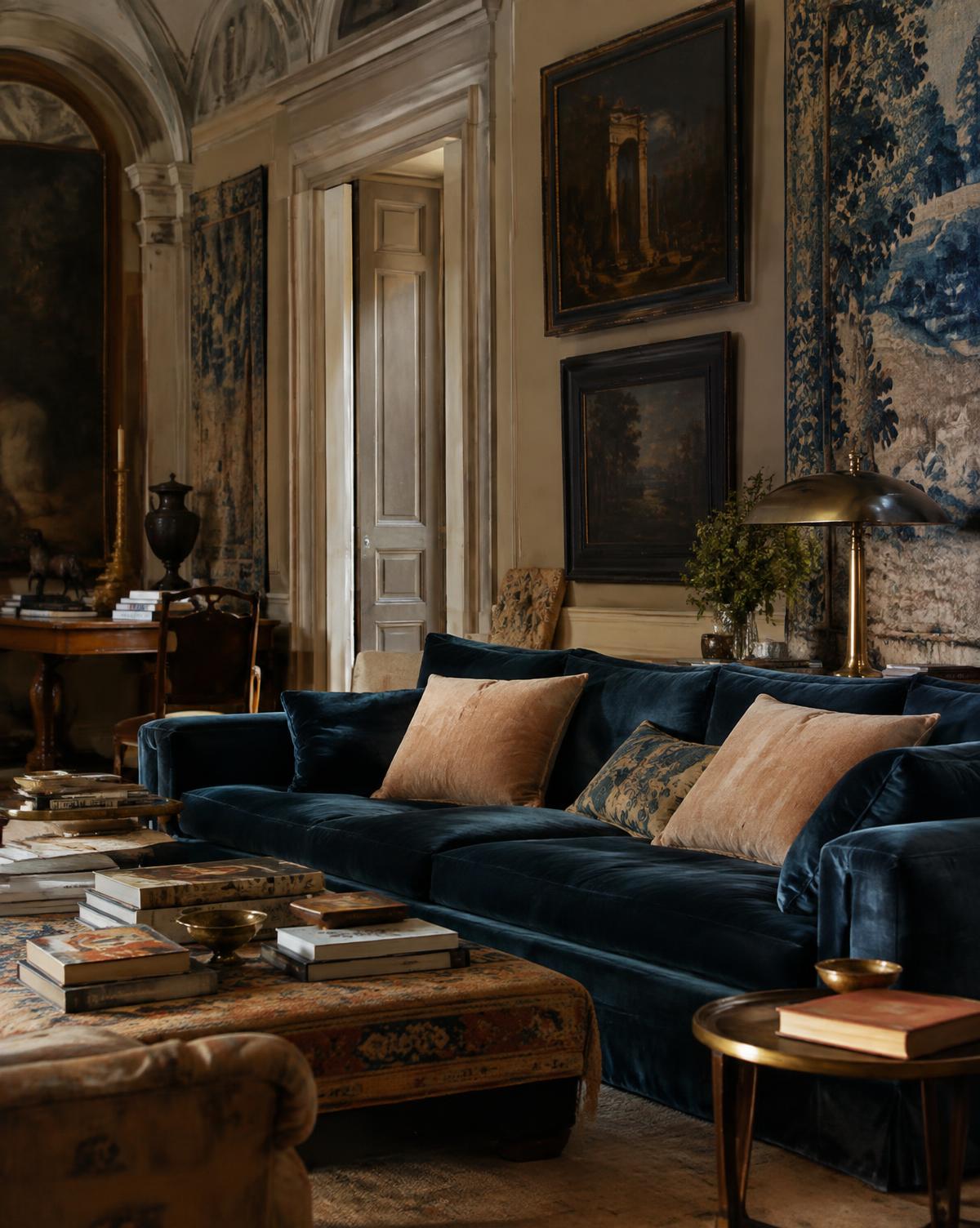 A warm salon with a blue velvet sofa, peach cushions, stacked art books and antique tapestries